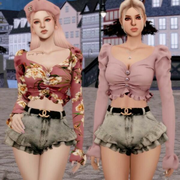 Cubic Button Puff Blouse & Belt Frill Shorts At Rimings 1 Cubic Button Puff Blouse & Belt Frill Shorts At Rimings Sims 4 CC