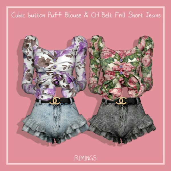 Cubic Button Puff Blouse & Belt Frill Shorts At Rimings 2 sims 4 cc cubic button puff blouse belt frill shorts at rimings 2
