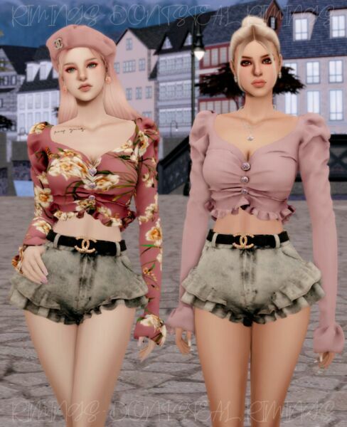 Cubic Button Puff Blouse & Belt Frill Shorts At Rimings 4 sims 4 cc cubic button puff blouse belt frill shorts at rimings 4
