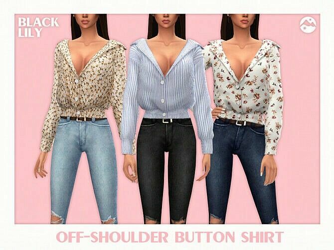 Off-Shoulder Button Shirt By Black Lily 1 Off-Shoulder Button Shirt By Black Lily Sims 4 CC