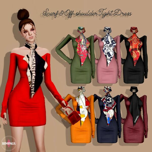 Scarf & Off-Shoulder Tight Dress At Rimings 1 Scarf & Off-Shoulder Tight Dress At Rimings Sims 4 CC