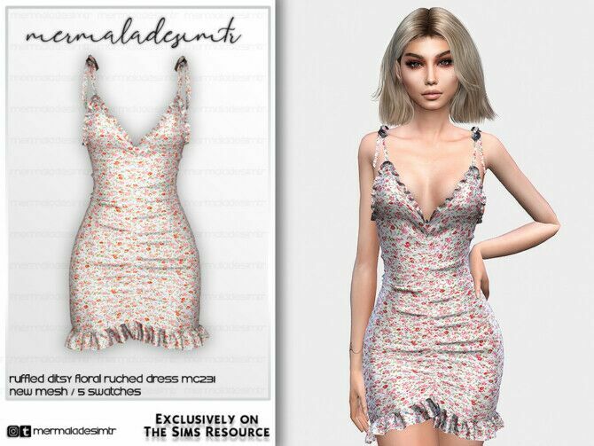 Ruffled Ditsy Floral Ruched Dress MC231 By Mermaladesimtr 1 Ruffled Ditsy Floral Ruched Dress MC231 By Mermaladesimtr Sims 4 CC
