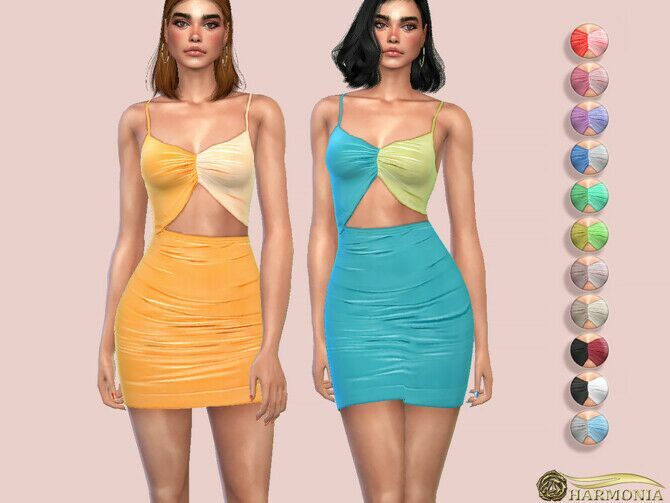 Slinky Ruched Contrast Detail Cut-Out Dress By Harmonia 1 Slinky Ruched Contrast Detail Cut-Out Dress By Harmonia Sims 4 CC