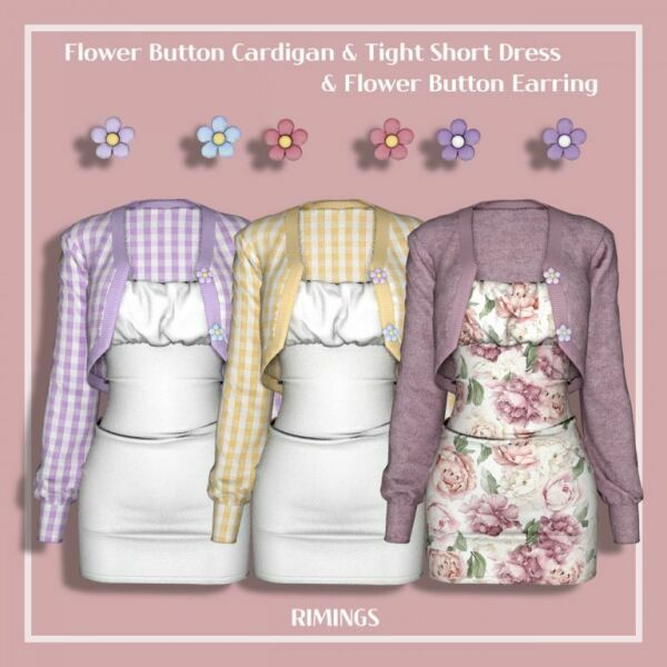 Flower Button Cardigan & Tight Short Dress & Flower Button Earrings At Rimings 1 Flower Button Cardigan & Tight Short Dress & Flower Button Earrings At Rimings Sims 4 CC