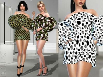 Bubble Sleeve Print Mini Dress DO340 By D.o.lilac Sims 4 CC