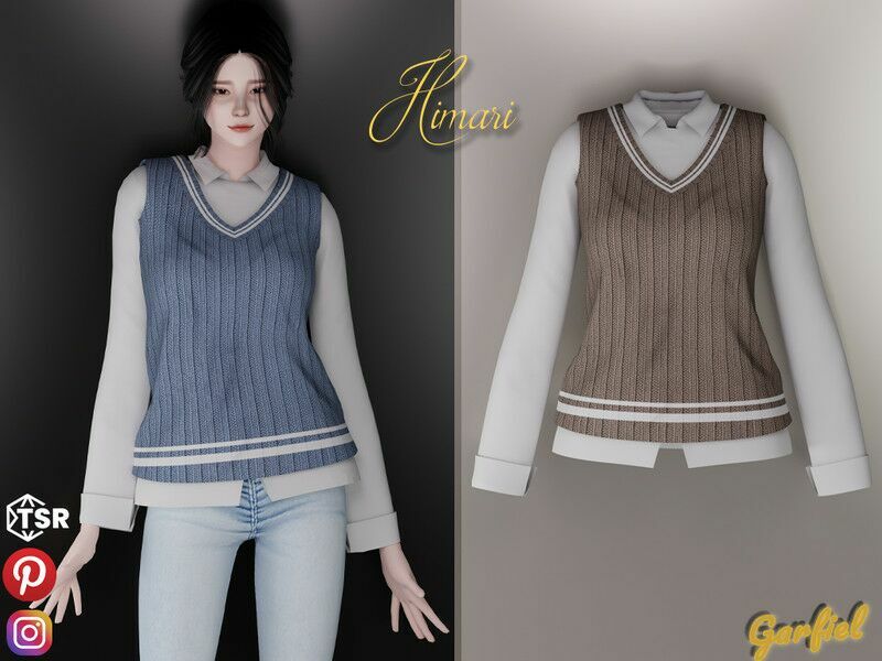 Himari – White Shirt And Knitted Vest For / Everyday 1 Himari – White Shirt And Knitted Vest For / Everyday Sims 4 CC
