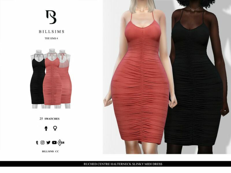 Ruched Centre Halterneck Slinky Midi Dress 1 Ruched Centre Halterneck Slinky Midi Dress Sims 4 CC