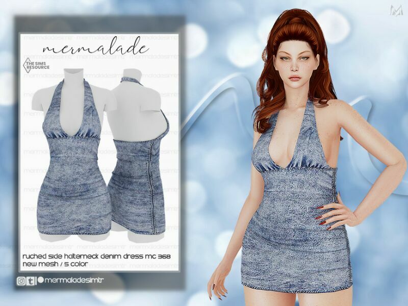 Ruched Side Halterneck Denim Dress MC368 By Mermaladesimtr 1 Ruched Side Halterneck Denim Dress MC368 By Mermaladesimtr Sims 4 CC
