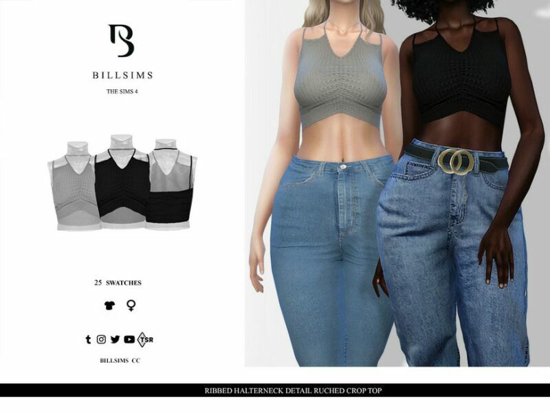 Ribbed Halterneck Detail Ruched Crop TOP 1 Ribbed Halterneck Detail Ruched Crop TOP Sims 4 CC