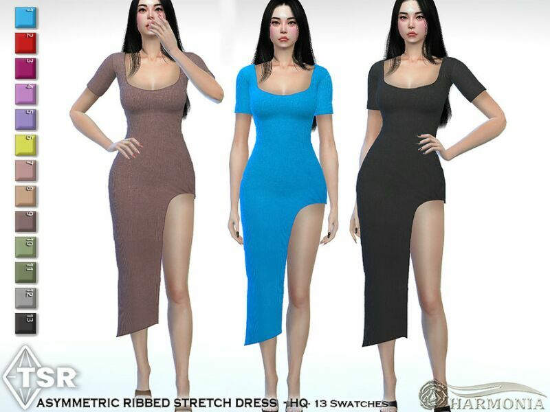 Asymmetric Ribbed Stretch Dress By Harmonia 1 Asymmetric Ribbed Stretch Dress By Harmonia Sims 4 CC