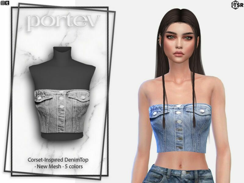 Corset-Inspired Denim TOP By Portev 1 Corset-Inspired Denim TOP By Portev Sims 4 CC