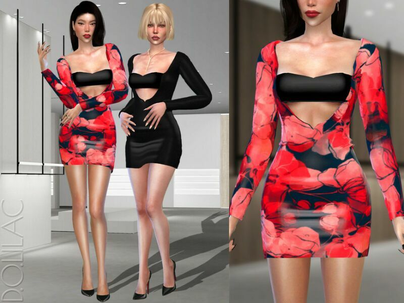 Deep V-Neck Cut-Out Midi Dress DO378 1 Deep V-Neck Cut-Out Midi Dress DO378 Sims 4 CC