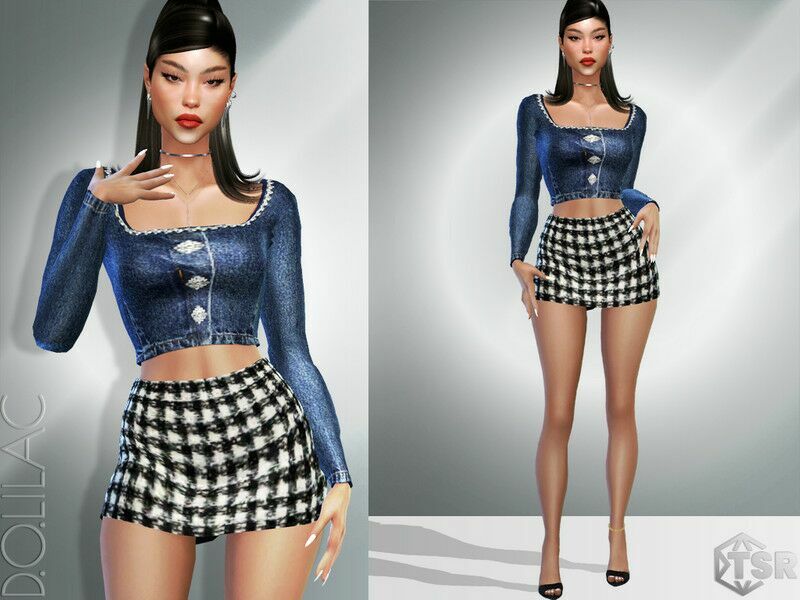 Embellished Crop Denim TOP DO040 1 Embellished Crop Denim TOP DO040 Sims 4 CC