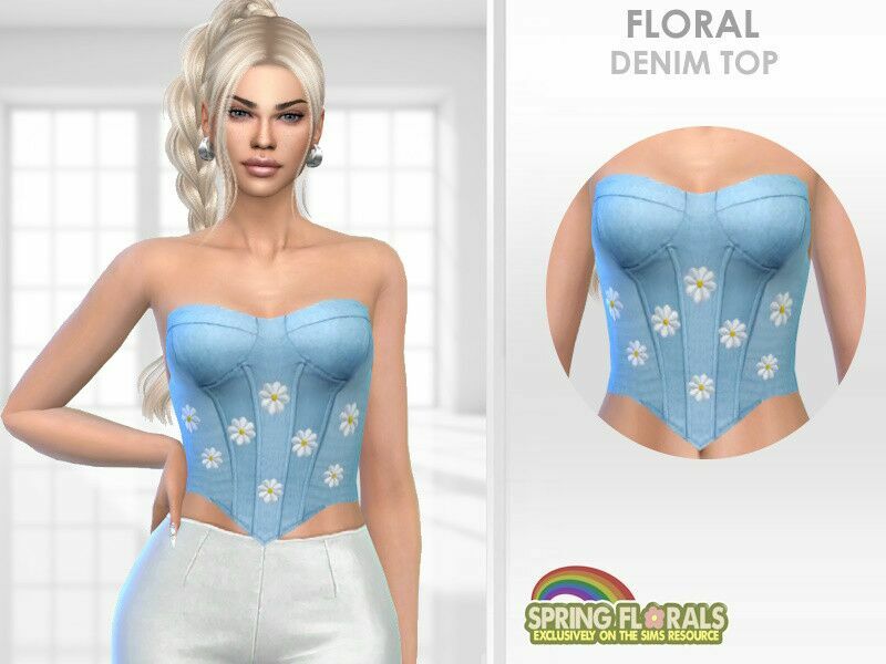 Floral Denim TOP By Puresim 1 Floral Denim TOP By Puresim Sims 4 CC