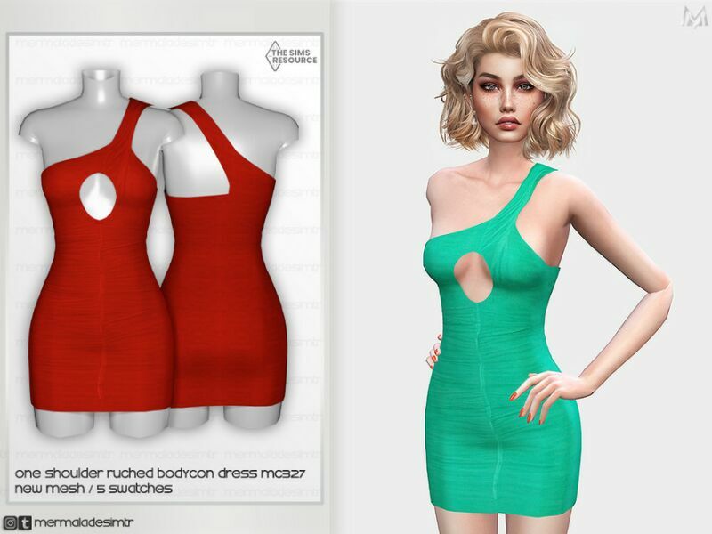 ONE Shoulder Ruched Bodycon Dress MC328 By Mermaladesimtr 1 ONE Shoulder Ruched Bodycon Dress MC328 By Mermaladesimtr Sims 4 CC