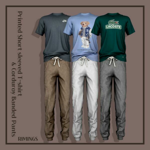 Printed Short Sleeved T-Shirt & Corduroy Banded Pants By Rimings 1 Printed Short Sleeved T-Shirt & Corduroy Banded Pants By Rimings Sims 4 CC