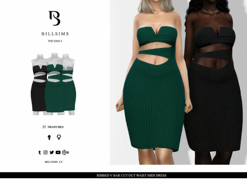 Ribbed V BAR CUT OUT Waist Midi Dress 1 Ribbed V BAR CUT OUT Waist Midi Dress Sims 4 CC