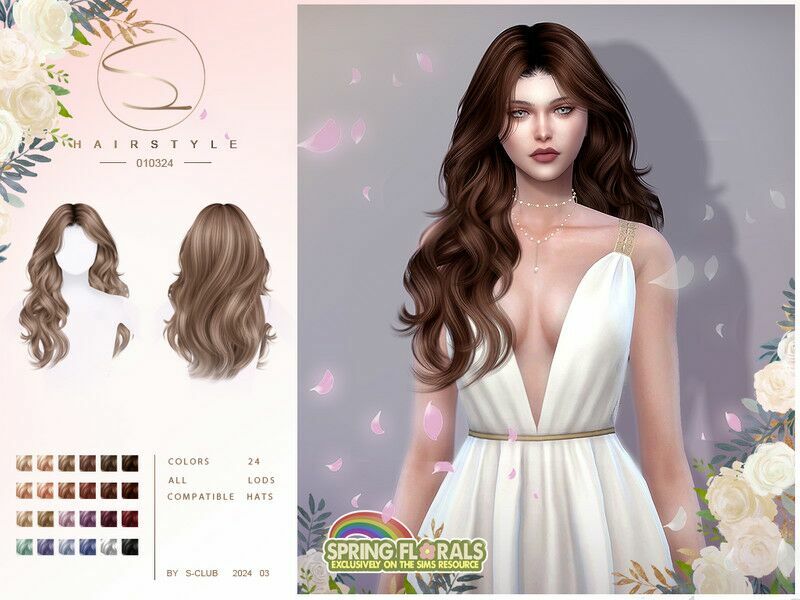 (Spring Florals Collection)Curly Hair 010324 By S-Club 1 (Spring Florals Collection)Curly Hair 010324 By S-Club Sims 4 CC