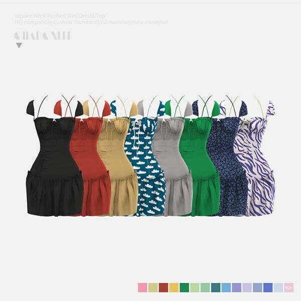 Square Neck Ruched Mini Dress&Top By Charonlee 2 sims 4 cc square neck ruched mini dresstop by charonlee 3