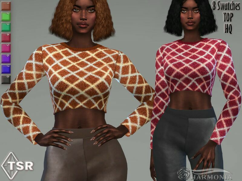 Checkered Printed Crop Sweater By Harmonia 1 Checkered Printed Crop Sweater By Harmonia Sims 4 CC
