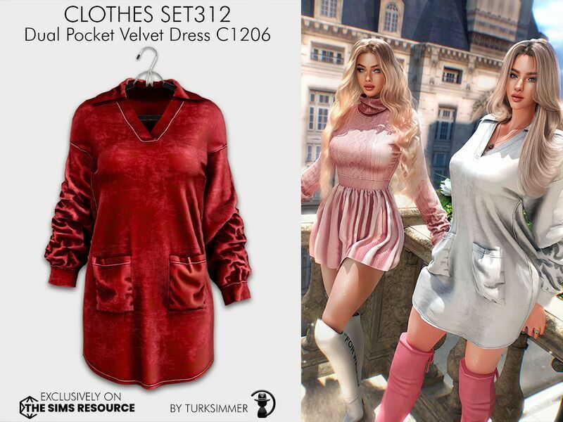 Clothes SET312 – Dual Pocket Velvet Dress C1206 By Turksimmer 1 Clothes SET312 – Dual Pocket Velvet Dress C1206 By Turksimmer Sims 4 CC