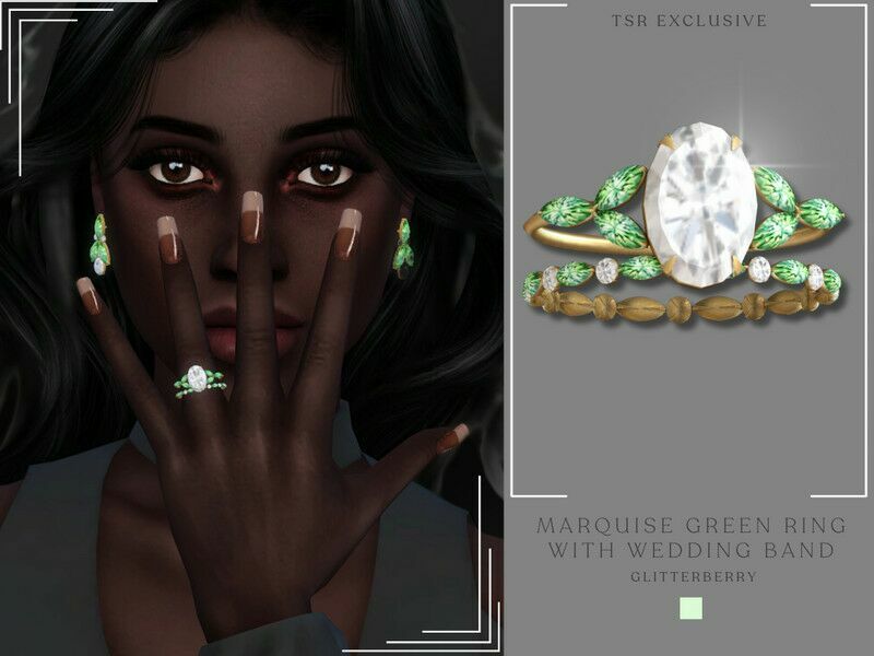 Marquise Green Ring With Wedding Band By Glitterberryfly 1 Marquise Green Ring With Wedding Band By Glitterberryfly Sims 4 CC