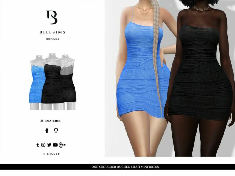 ONE Shoulder Ruched Mesh Mini Dress 1 ONE Shoulder Ruched Mesh Mini Dress Sims 4 CC