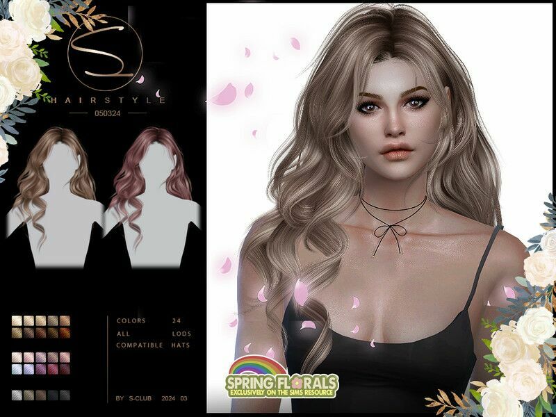 (Spring Florals Collection)Curly Hair 050324 By S-Club 1 (Spring Florals Collection)Curly Hair 050324 By S-Club Sims 4 CC