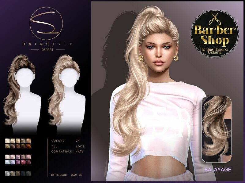 (Barber Shop)Curly Ponytail Hairstyle 030524 By S-Club 1 (Barber Shop)Curly Ponytail Hairstyle 030524 By S-Club Sims 4 CC