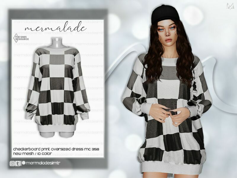 Checkboard Print Oversized Dress MC359 By Mermaladesimtr 1 Checkboard Print Oversized Dress MC359 By Mermaladesimtr Sims 4 CC