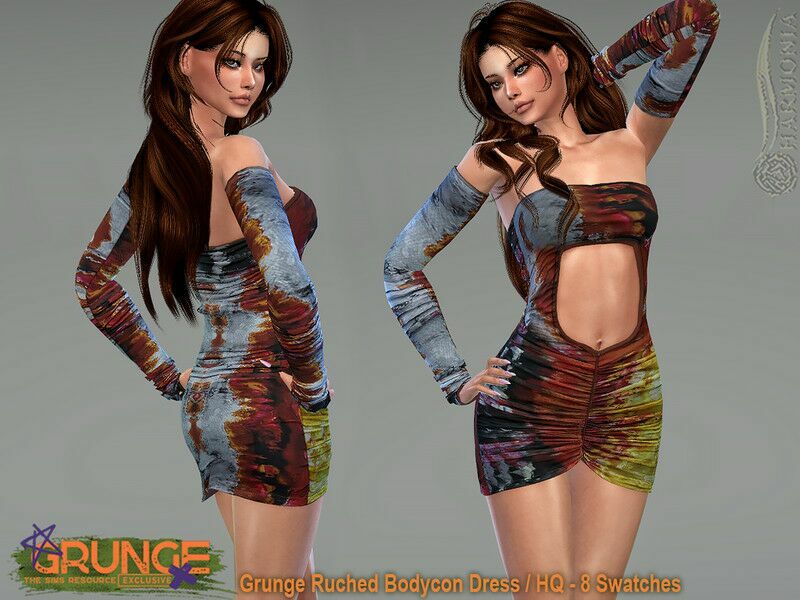 Grunge Ruched Bodycon Dress By Harmonia 1 Grunge Ruched Bodycon Dress By Harmonia Sims 4 CC