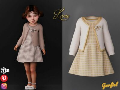 Lanie – A Plaid Dress And Cardigan With A BOW By Garfiel Sims 4 CC