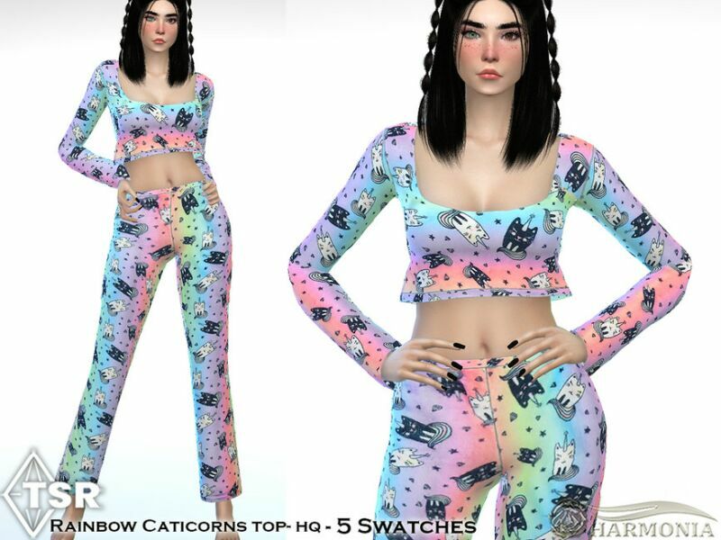 Rainbow Caticorns Pajama Crop TOP By Harmonia 1 Rainbow Caticorns Pajama Crop TOP By Harmonia Sims 4 CC