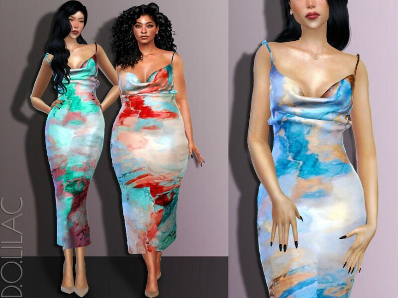 Satin Marble Print Midi Slip Dress DO534 1 Satin Marble Print Midi Slip Dress DO534 Sims 4 CC