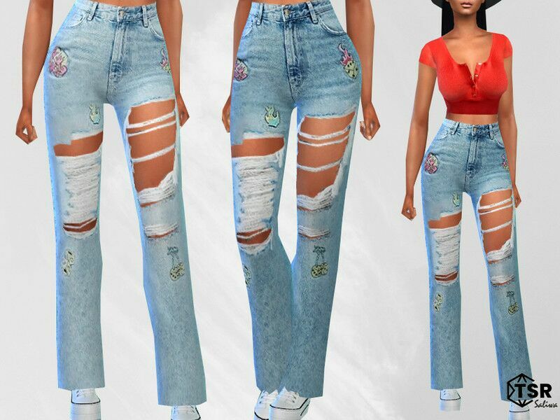 Straight LEG Applique MOM Jeans By Saliwa 1 Straight LEG Applique MOM Jeans By Saliwa Sims 4 CC