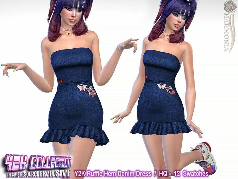 Y2K – Ruffle HEM Denim Dress By Harmonia 1 Y2K – Ruffle HEM Denim Dress By Harmonia Sims 4 CC