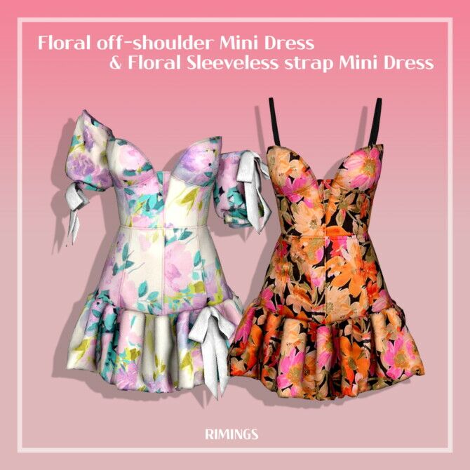 Floral Off-Shoulder & Sleeveless Strap Mini Dresses By Rimings 1 Floral Off-Shoulder & Sleeveless Strap Mini Dresses By Rimings Sims 4 CC