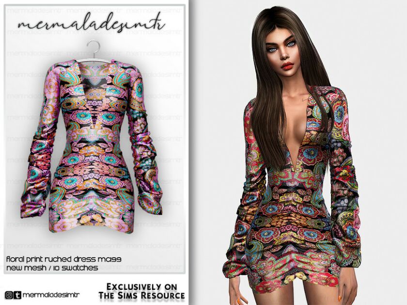 Floral Print Ruched Dress MC199 By Mermaladesimtr Sims 4 CC