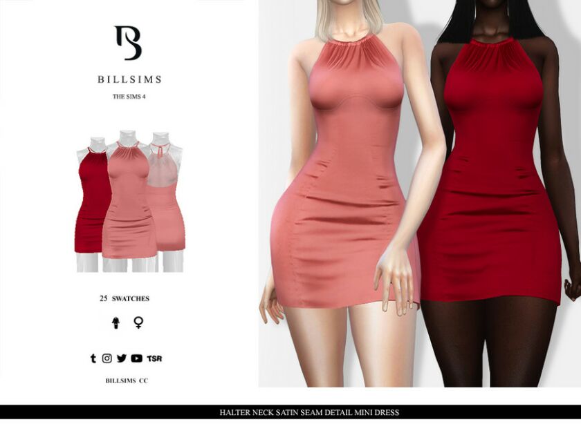 Halter Neck Satin Seam Detail Mini Dress Sims 4 CC