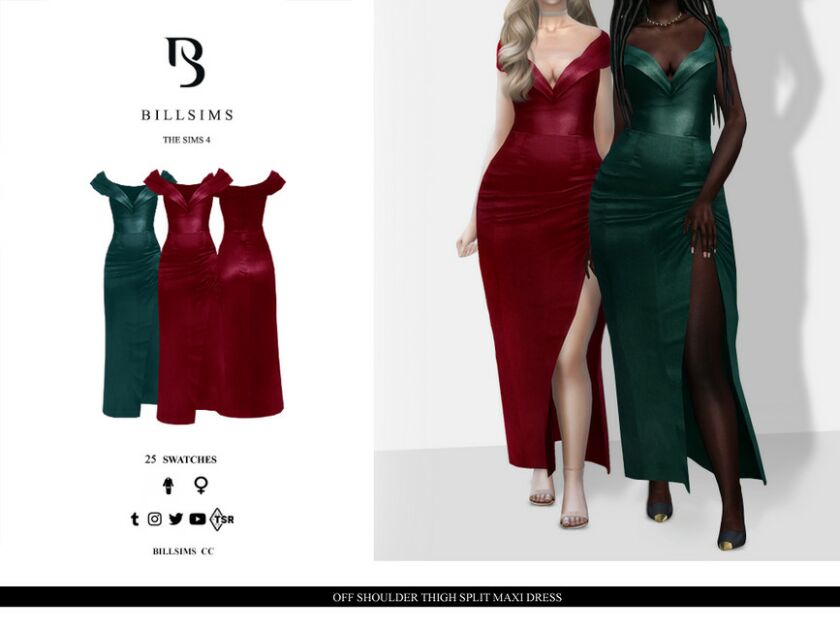 OFF Shoulder Thigh Split Maxi Dress Sims 4 CC