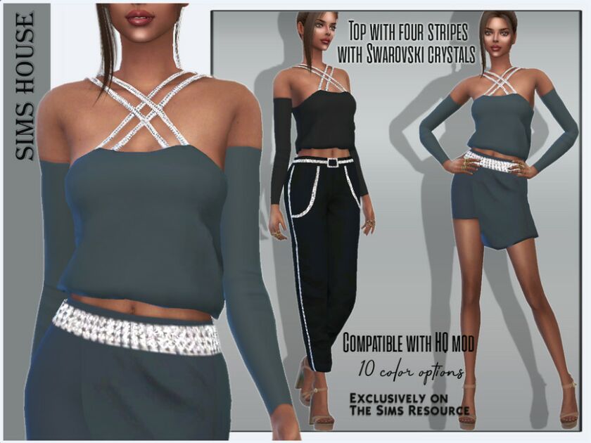 TOP With Four Stripes With Swarovski Crystals 1 TOP With Four Stripes With Swarovski Crystals Sims 4 CC