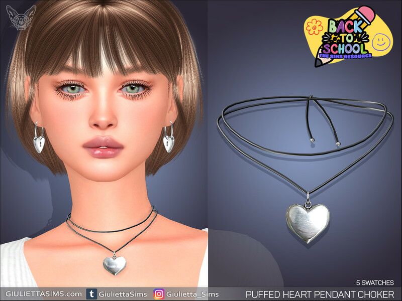 Cute Puffed Heart Pendant Choker for Back to School 1 Cute Puffed Heart Pendant Choker for Back to School Sims 4 CC