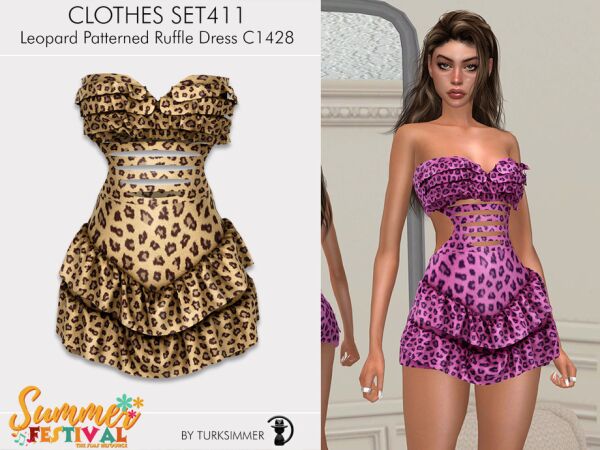 Leopard Patterned Ruffle Dress for Sims 1 Leopard Patterned Ruffle Dress for Sims Sims 4 CC