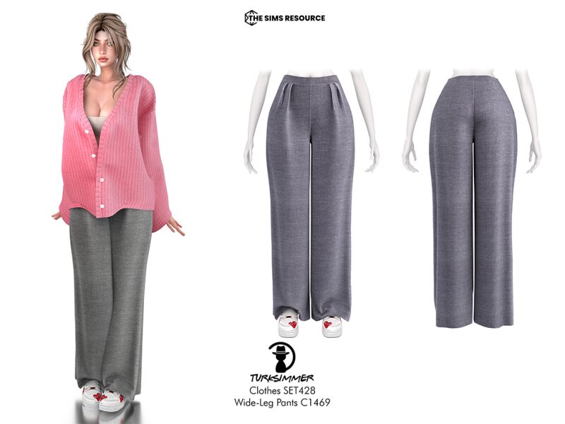 Stylish Knit Cardigan and Wide-Leg Pants Set 2 sims 4 cc clothes set428 knit cardigan c1468 and wide leg pants c1469 by turksimmer 2
