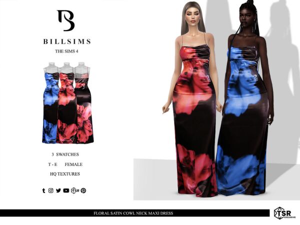 Floral Satin Cowl Neck Maxi Dress 1 Floral Satin Cowl Neck Maxi Dress Sims 4 CC