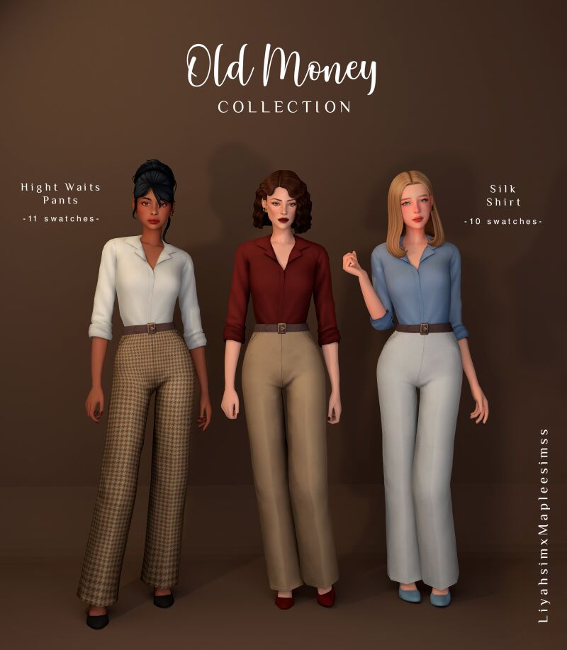 Old Money Collection - Silk Shirt & High Waist Pants 2 sims 4 cc old money collection silk shirt hight waist pants classic heels by liyahsim 2 1