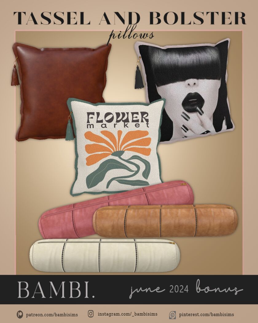 Chic Tassel and Bolster Pillows 1 Chic Tassel and Bolster Pillows Sims 4 CC