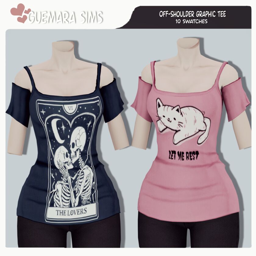 Trendy Off-Shoulder Graphic Tee for Sims 1 Trendy Off-Shoulder Graphic Tee for Sims Sims 4 CC