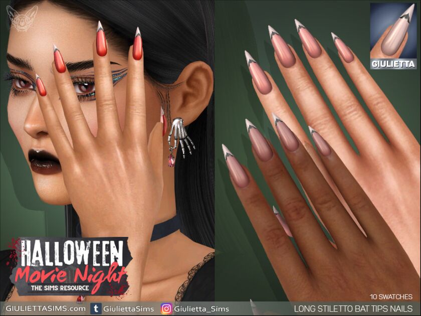 Halloween Movie Night - Long Stiletto BAT French Tips Nails 1 Halloween Movie Night – Long Stiletto BAT French Tips Nails Sims 4 CC