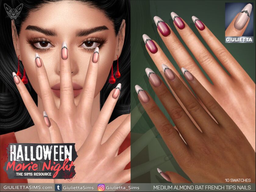 Halloween Movie Night - Medium Almond Nail BAT French Tips 1 Halloween Movie Night – Medium Almond Nail BAT French Tips Sims 4 CC